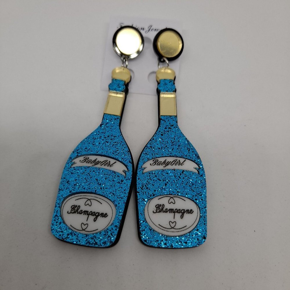 Earrings Champagne Bottle Baby Girl Blue Sparkle Gold party club birthday